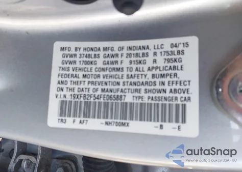 2015 Honda Civic Lx z USA, uszkodzony, nr VIN 19XFB2F54FE065887